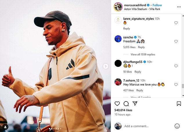 Rashford posted a series of photos on social media, to which Sancho commented: 'Freedom'